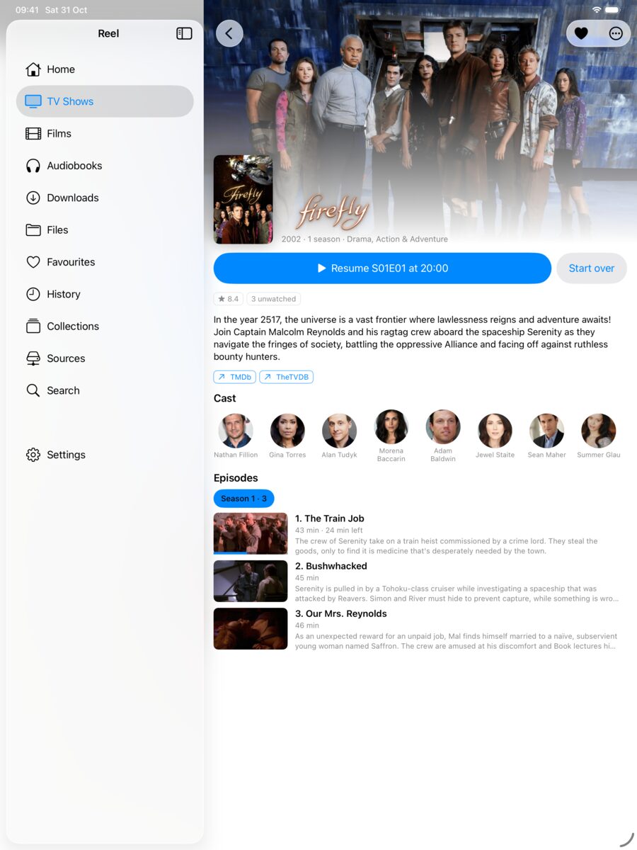 A show page: backdrop, logo, cast and the episode list