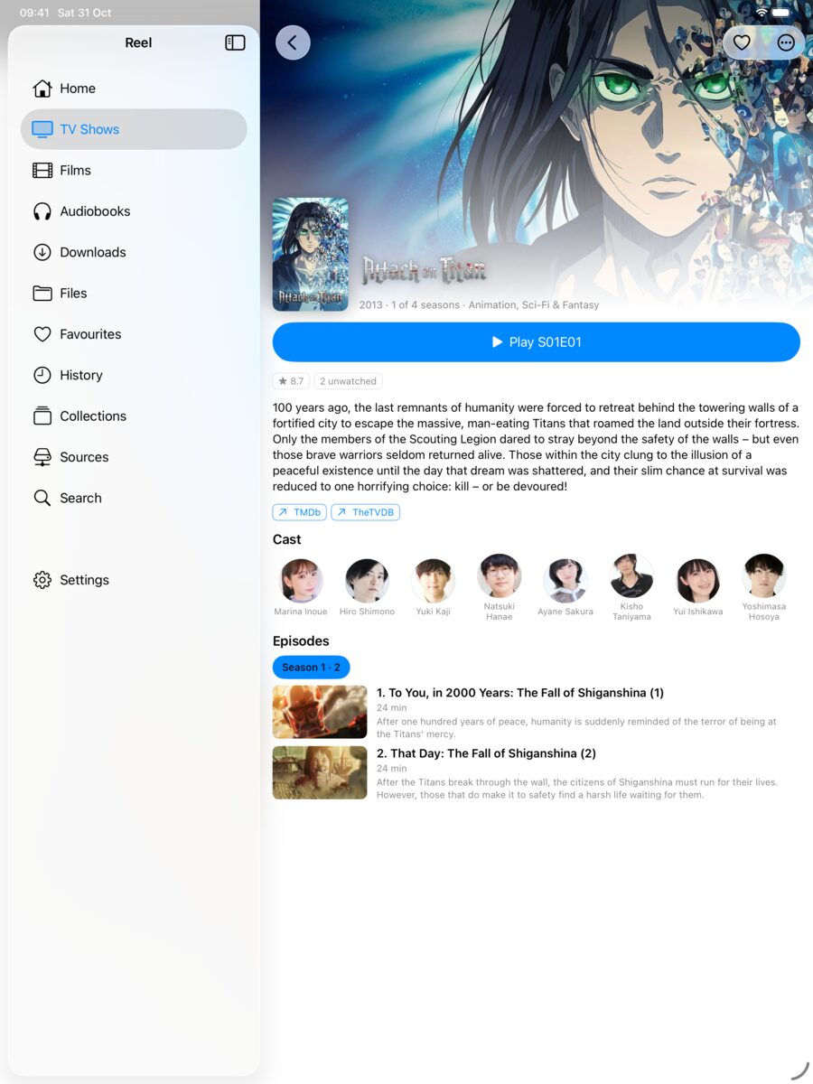 An anime show page with seasons matched through AniDB
