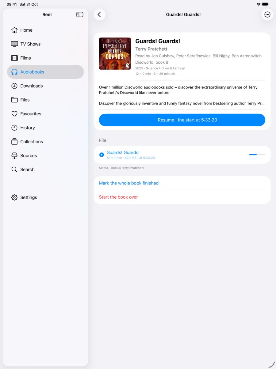 A book page: cover, narrators, series, summary and where to resume