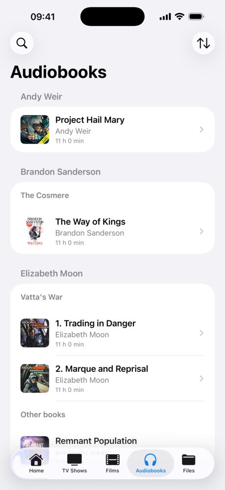 Audiobooks on iPhone, by author and series